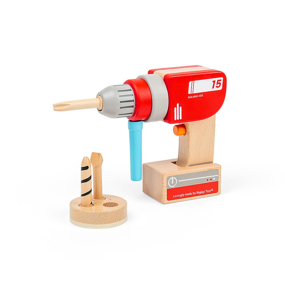 Bigjigs Toys Wooden Toy Drill with Magnetic Drill Bits, Pretend Play, Toy Tools
