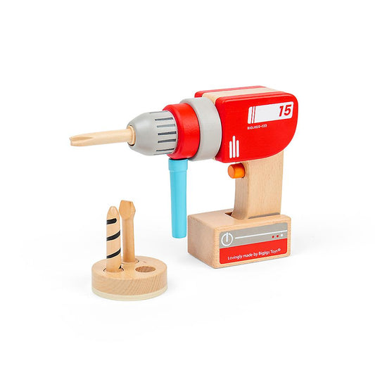 Bigjigs Toys Wooden Toy Drill with Magnetic Drill Bits, Pretend Play, Toy Tools